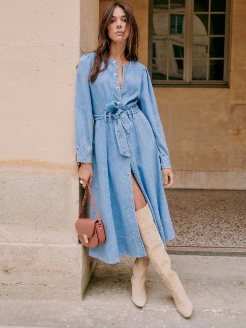 Sézane Caterina Lyocell Denim Midi Dress Belted Button Front 34 XS 2